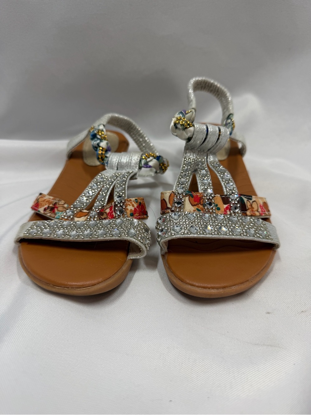 Bohemian Sandals Wedge Heel Elastic Straps Silver Girls Size 4Y - Picture 2 of 8